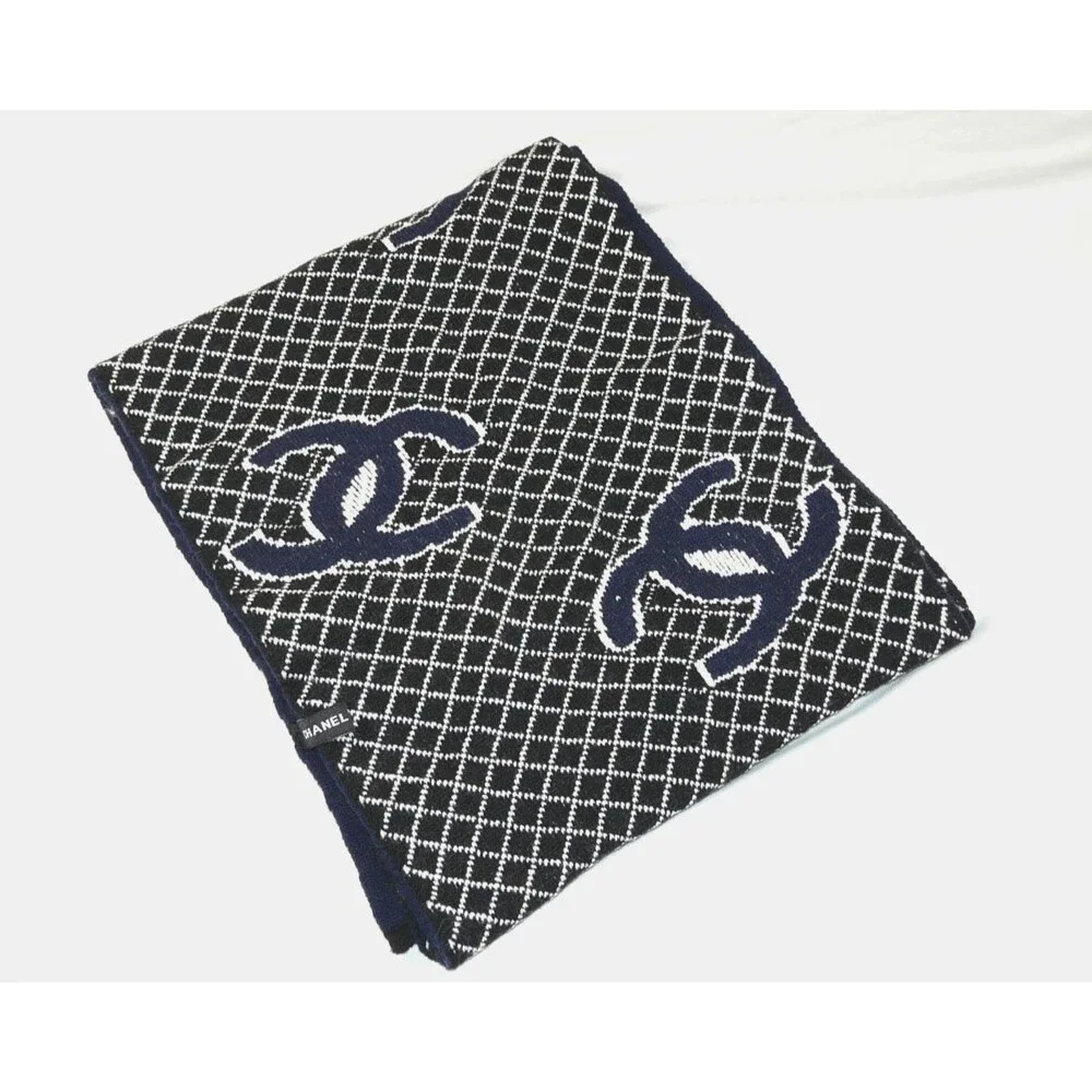 Chanel Cashmere & Silk Logo Allover Scarf Shawl Stole Blue Black White 60